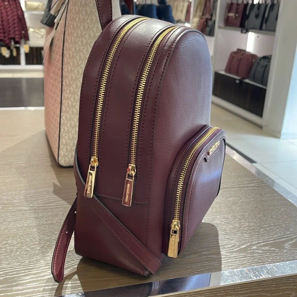 Michael Kors Jaycee Medium Pebbled Leather Backpack Oxblood/Golden NWT